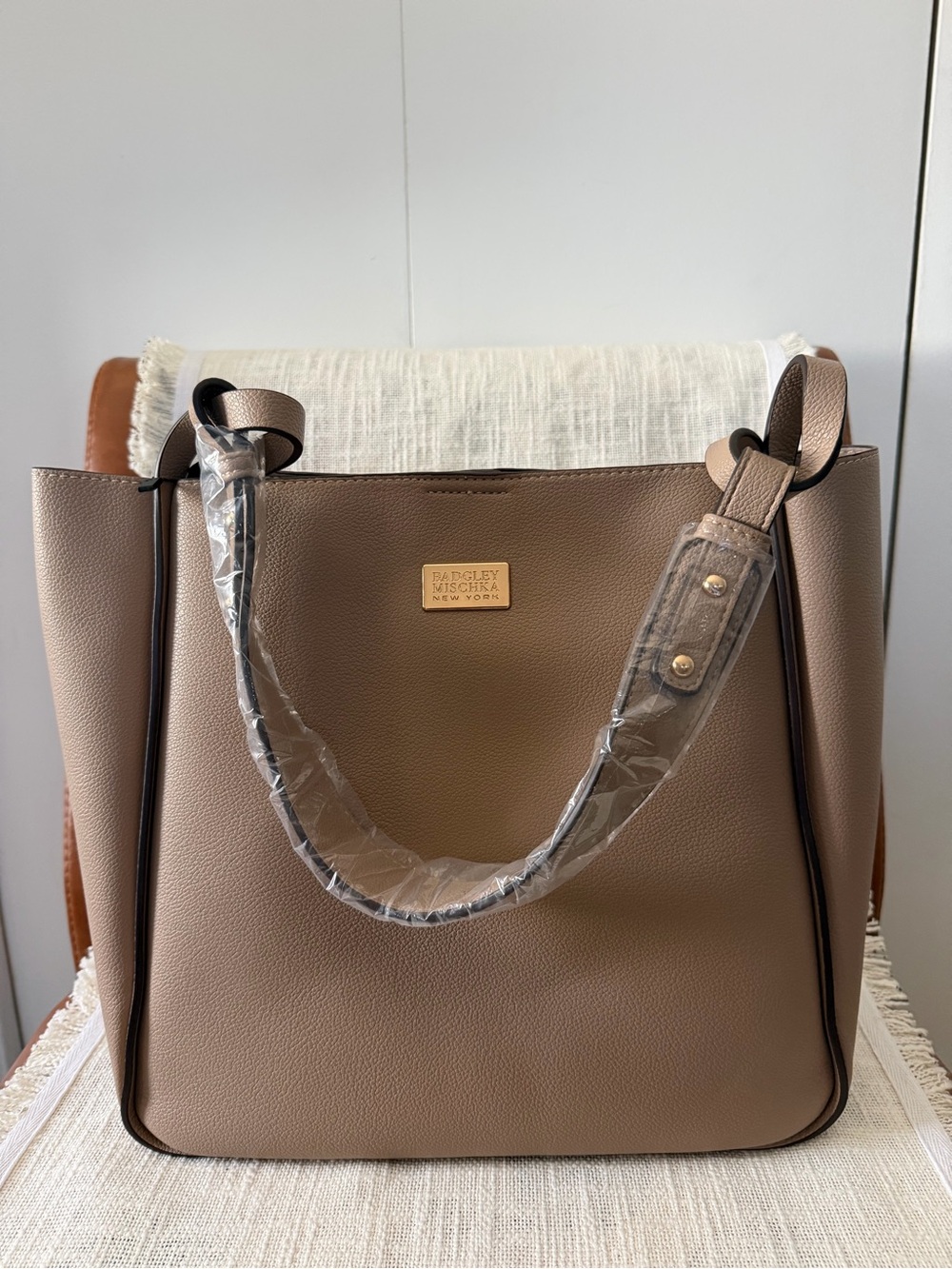 Badgley Mischka New York Taupe Structured Tote Bag Large Faux Leather Handbag